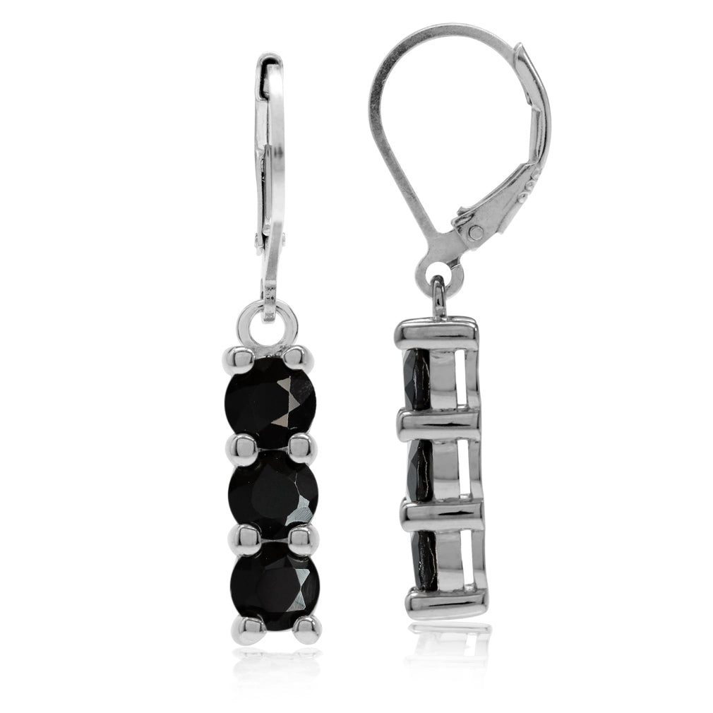 3.18ct. 3 Stone Natural Black Spinel White Gold Plated 925 Sterling Silver Leverback Dangle Earrings - Silvershake-store