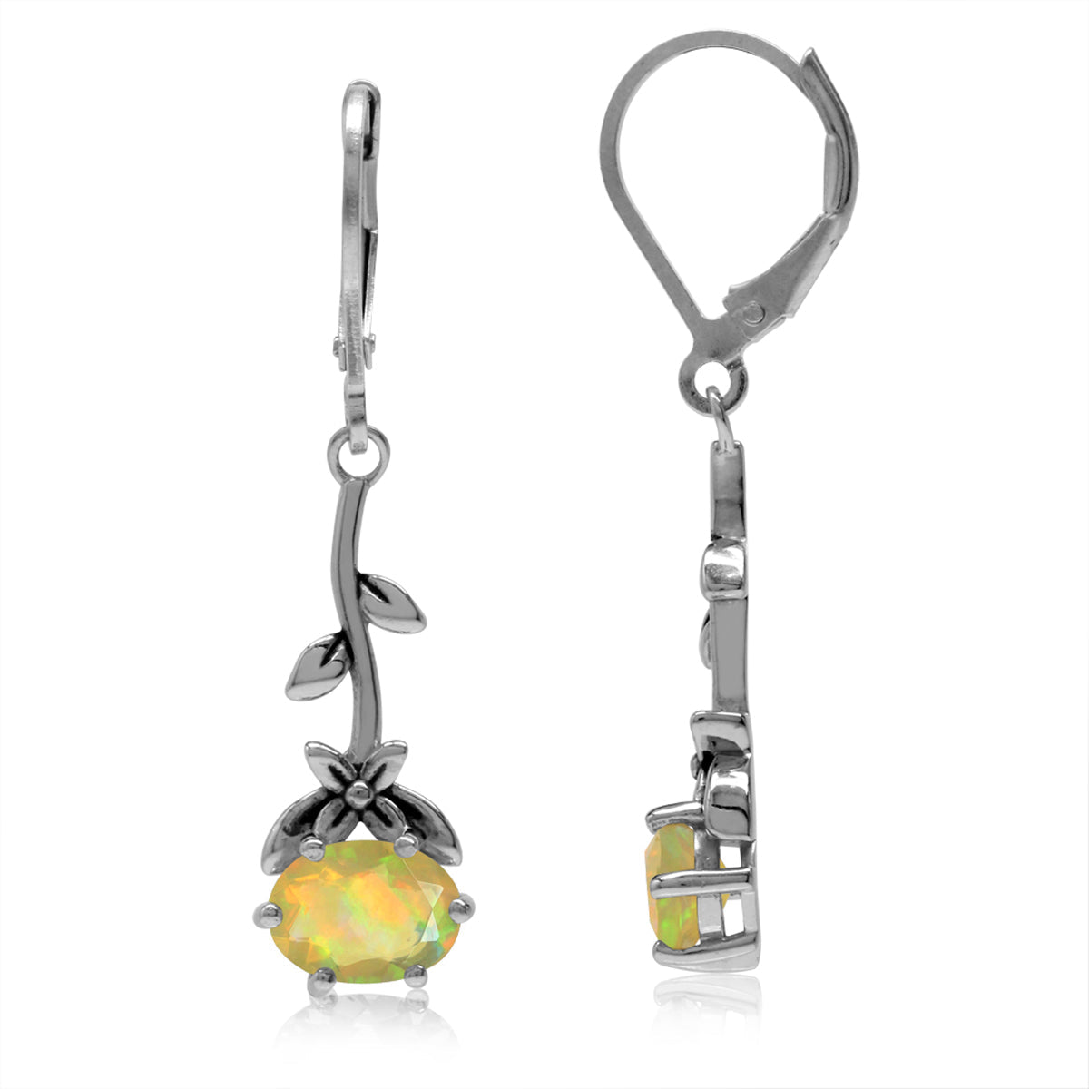Genuine Opal 925 Sterling Silver Flower and Leaf Vintage Inspired Leverback Dangle Earrings - Silvershake-store