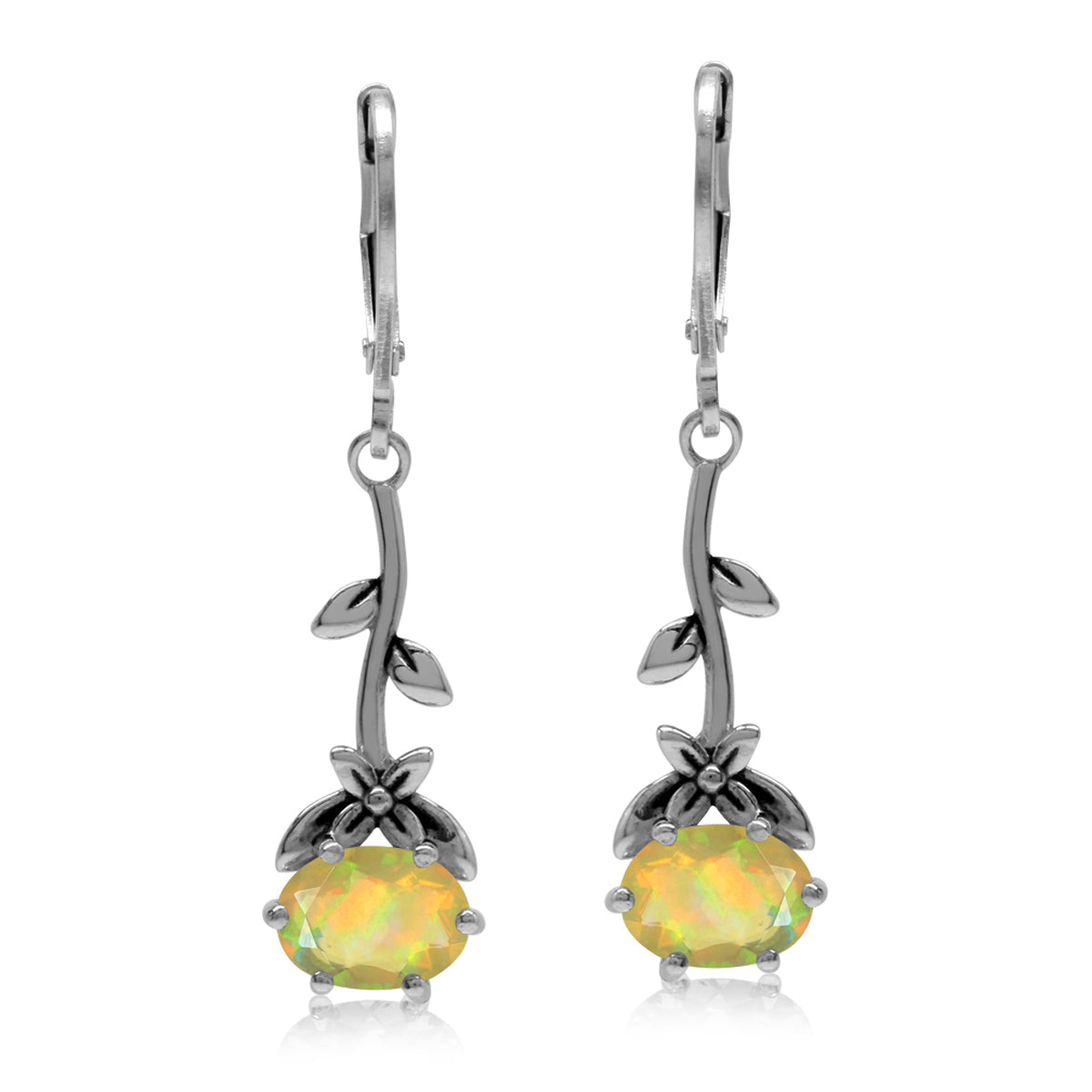 Genuine Opal 925 Sterling Silver Flower and Leaf Vintage Inspired Leverback Dangle Earrings - Silvershake-store