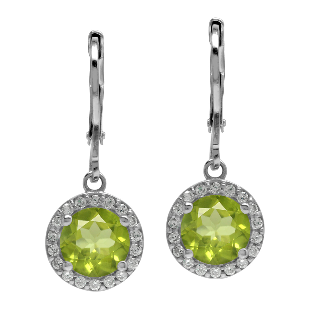 2.84ct. 7mm Natural Round Shape Peridot 925 Sterling Silver Halo Leverback Dangle Earrings - Silvershake-store