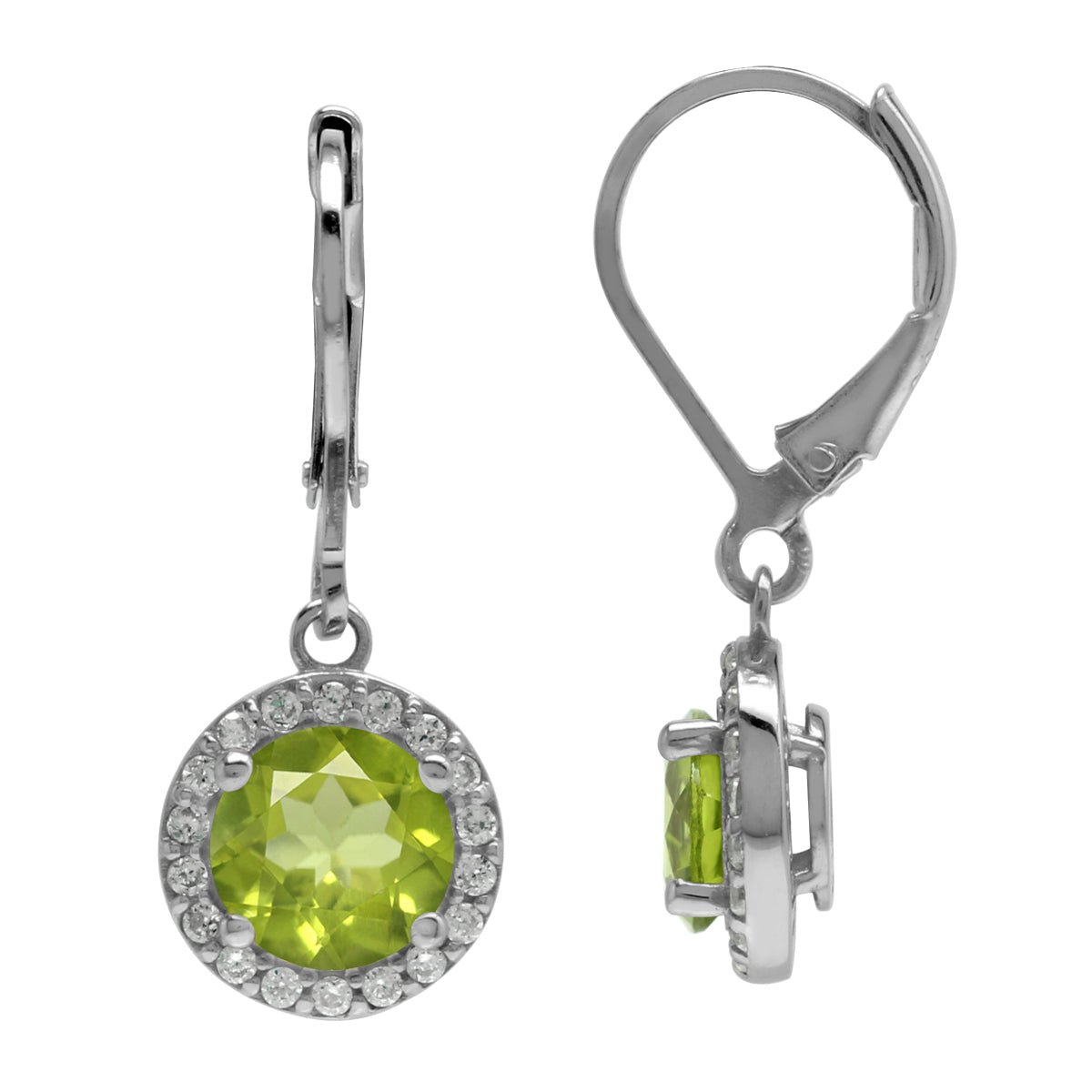 2.84ct. 7mm Natural Round Shape Peridot 925 Sterling Silver Halo Leverback Dangle Earrings - Silvershake-store