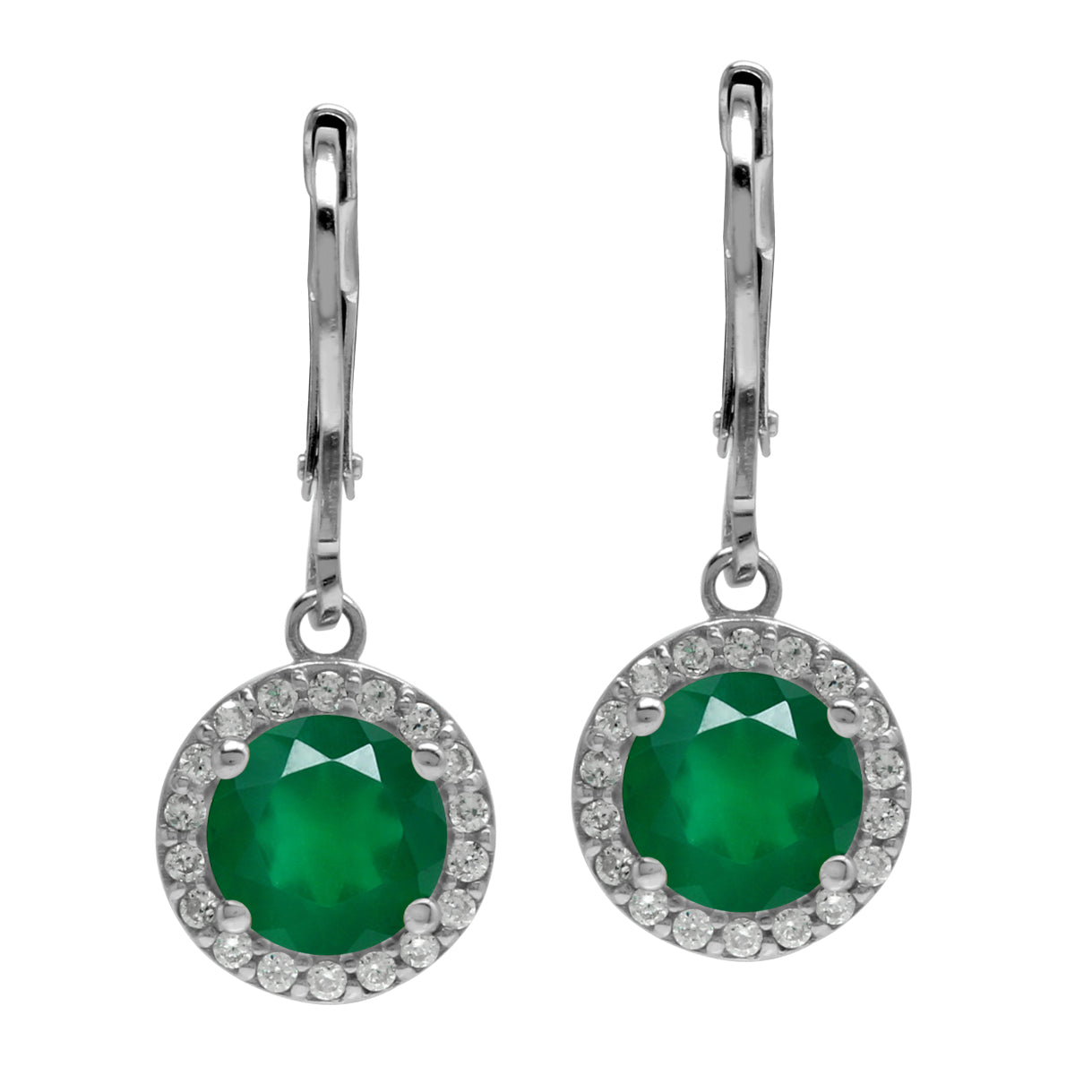 2.32ct. 7mm Natural Round Emerald Green Agate 925 Sterling Silver Halo Leverback Dangle Earrings - Silvershake-store