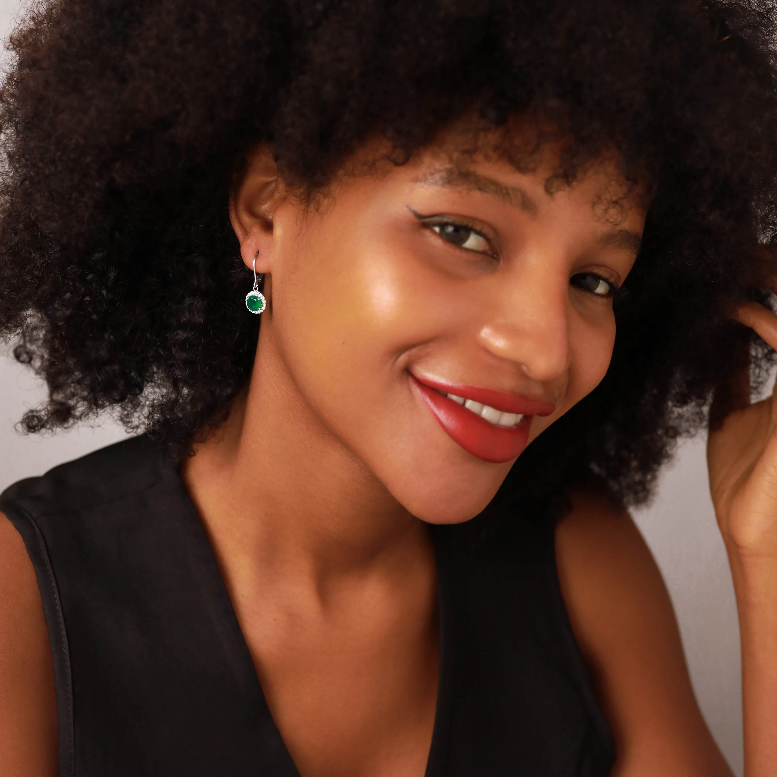 2.32ct. 7mm Natural Round Emerald Green Agate 925 Sterling Silver Halo Leverback Dangle Earrings - Silvershake-store