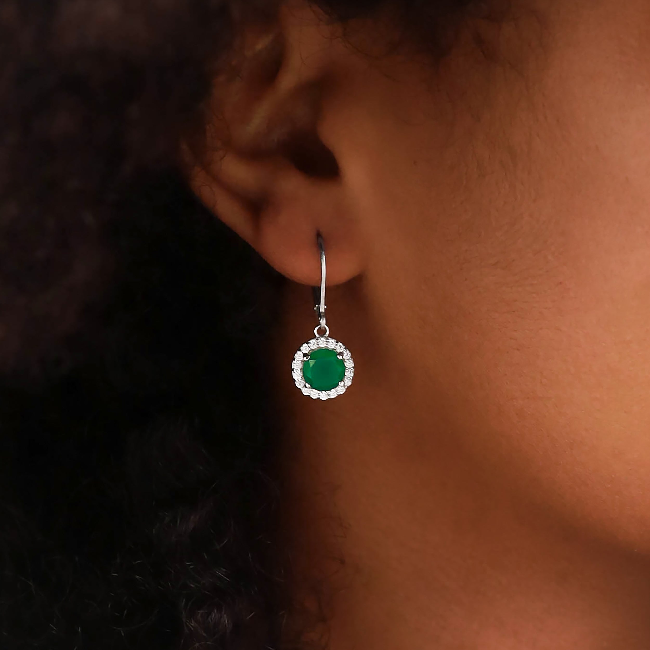 2.32ct. 7mm Natural Round Emerald Green Agate 925 Sterling Silver Halo Leverback Dangle Earrings - Silvershake-store