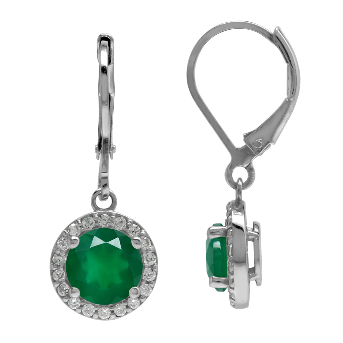 2.32ct. 7mm Natural Round Emerald Green Agate 925 Sterling Silver Halo Leverback Dangle Earrings - Silvershake-store