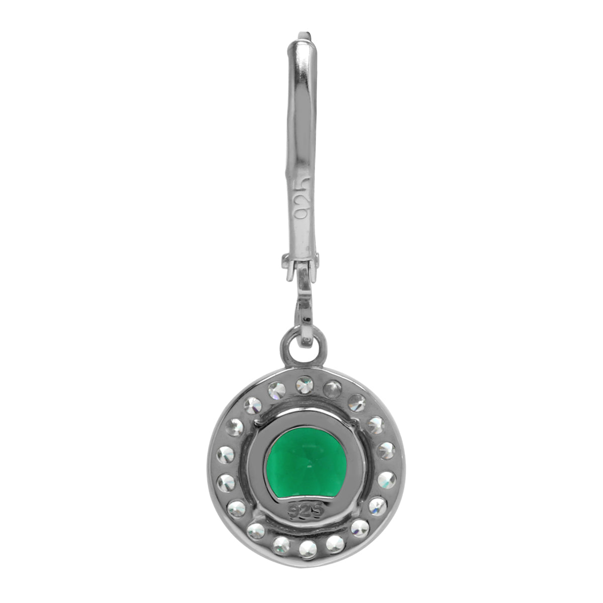 2.32ct. 7mm Natural Round Emerald Green Agate 925 Sterling Silver Halo Leverback Dangle Earrings - Silvershake-store