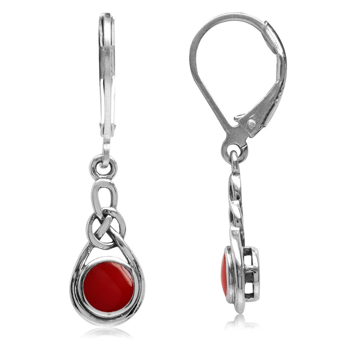 Created Red Coral 925 Sterling Silver Celtic Knot Leverback Dangle Earrings - Silvershake-store