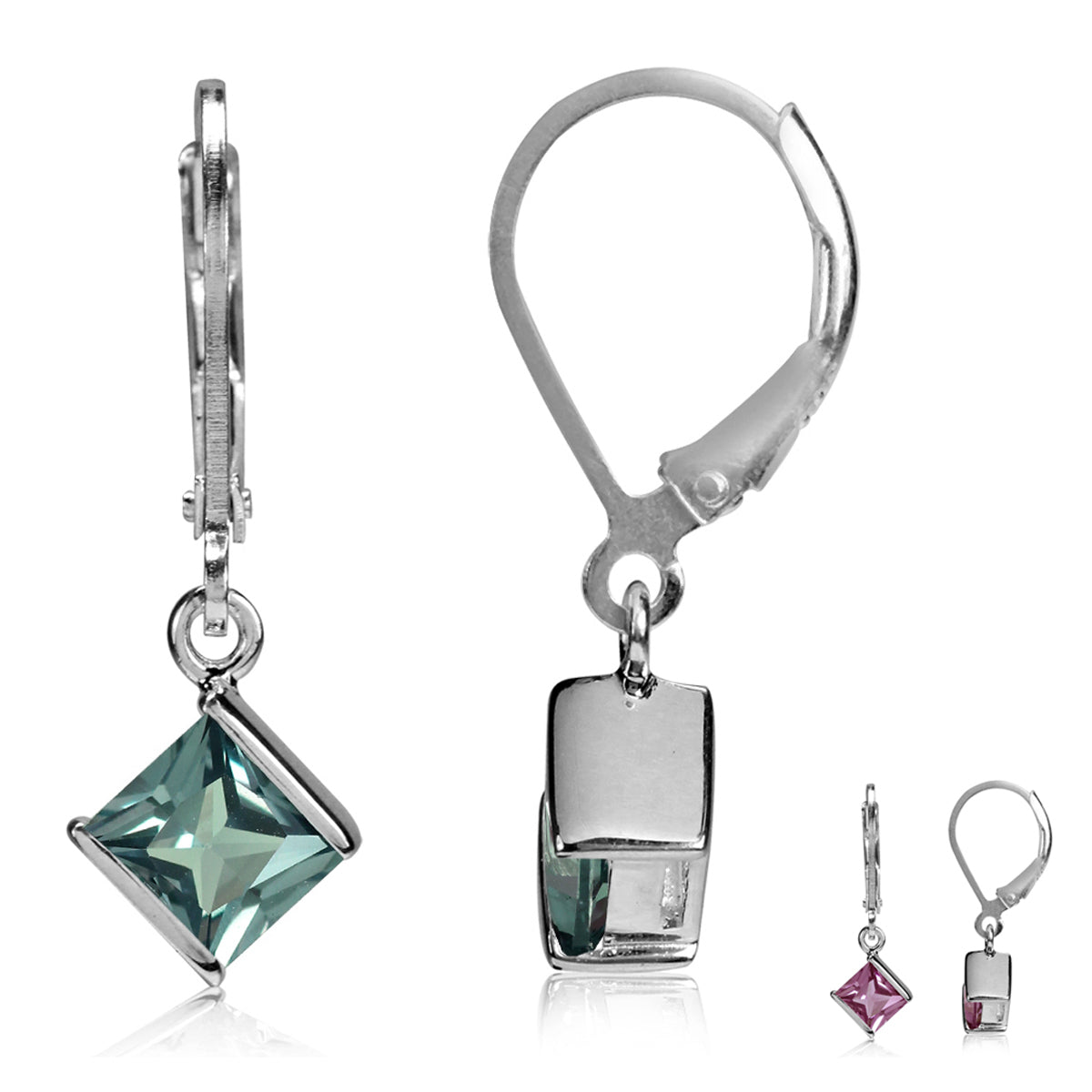 5mm Square Shape Created Color Change Alexandrite 925 Sterling Silver Leverback Dangle Earrings - Silvershake-store
