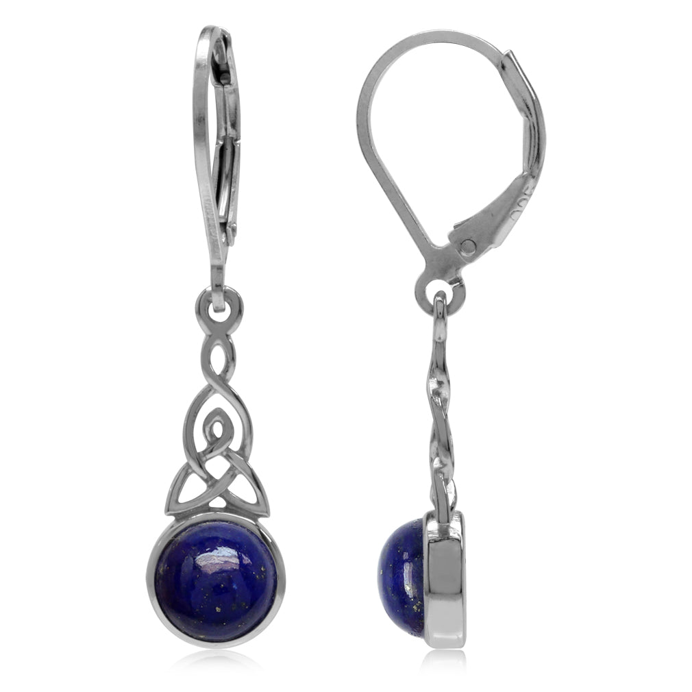 Natural Blue Lapis Lazuli White Gold Plated 925 Sterling Silver Triquetra Celtic Knot Leverback Dangle Earrings - Silvershake-store