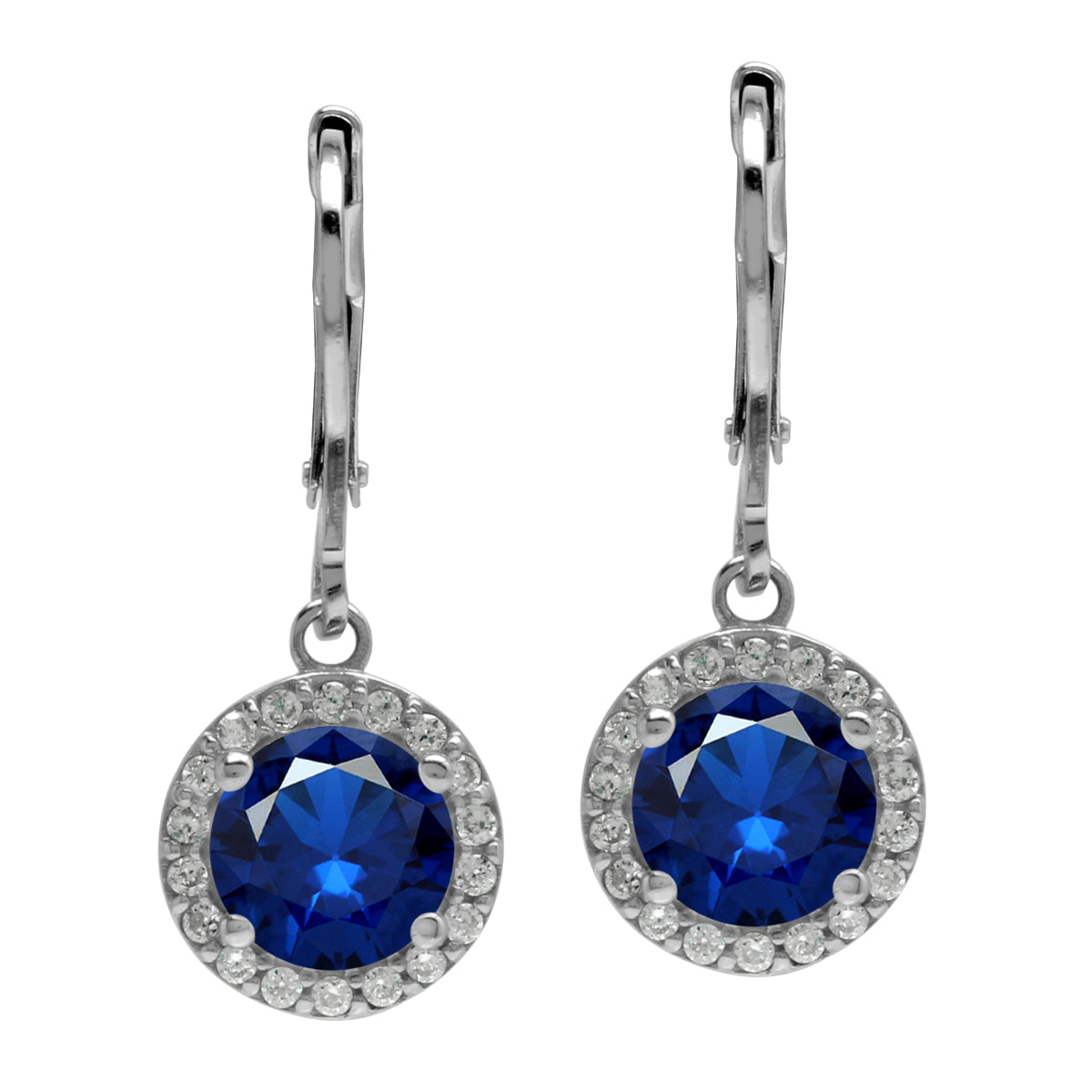 7mm Round Shape Synthetic Sapphire Blue and White Cubic Zirconia 925 Sterling Silver Halo Leverback Earrings - Silvershake-store