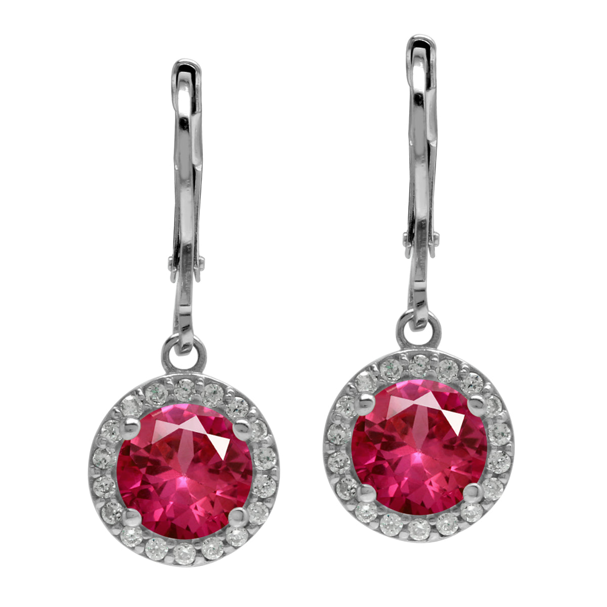 7mm Round Shape Simulated Red Ruby and White Cubic Zirconia 925 Sterling Silver Halo Leverback Earrings - Silvershake-store