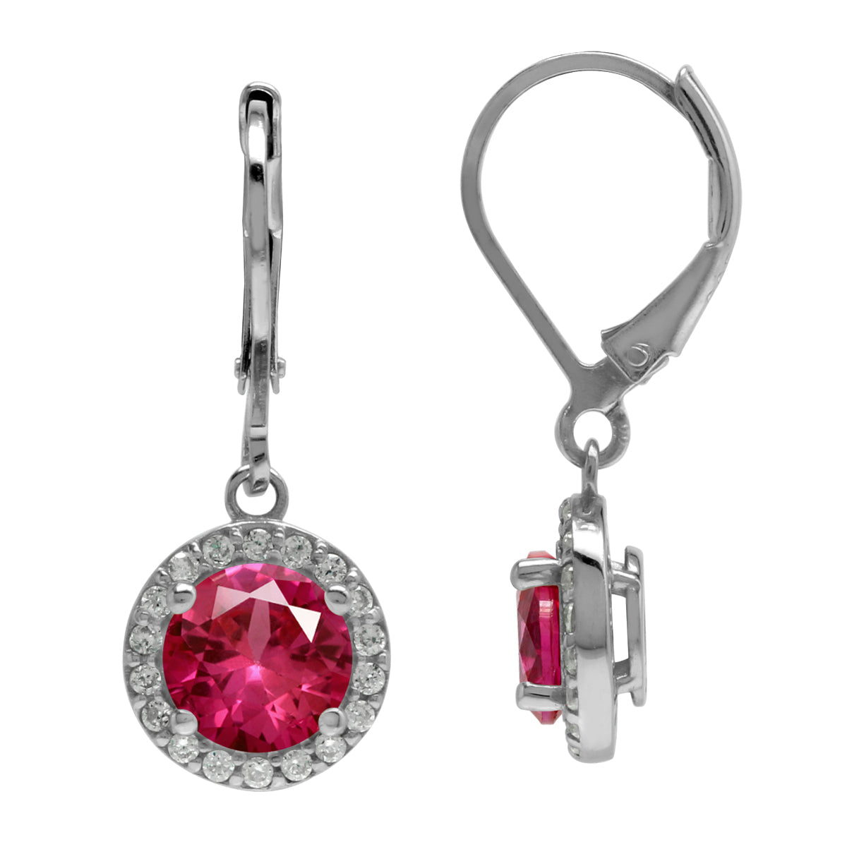 7mm Round Shape Simulated Red Ruby and White Cubic Zirconia 925 Sterling Silver Halo Leverback Earrings - Silvershake-store