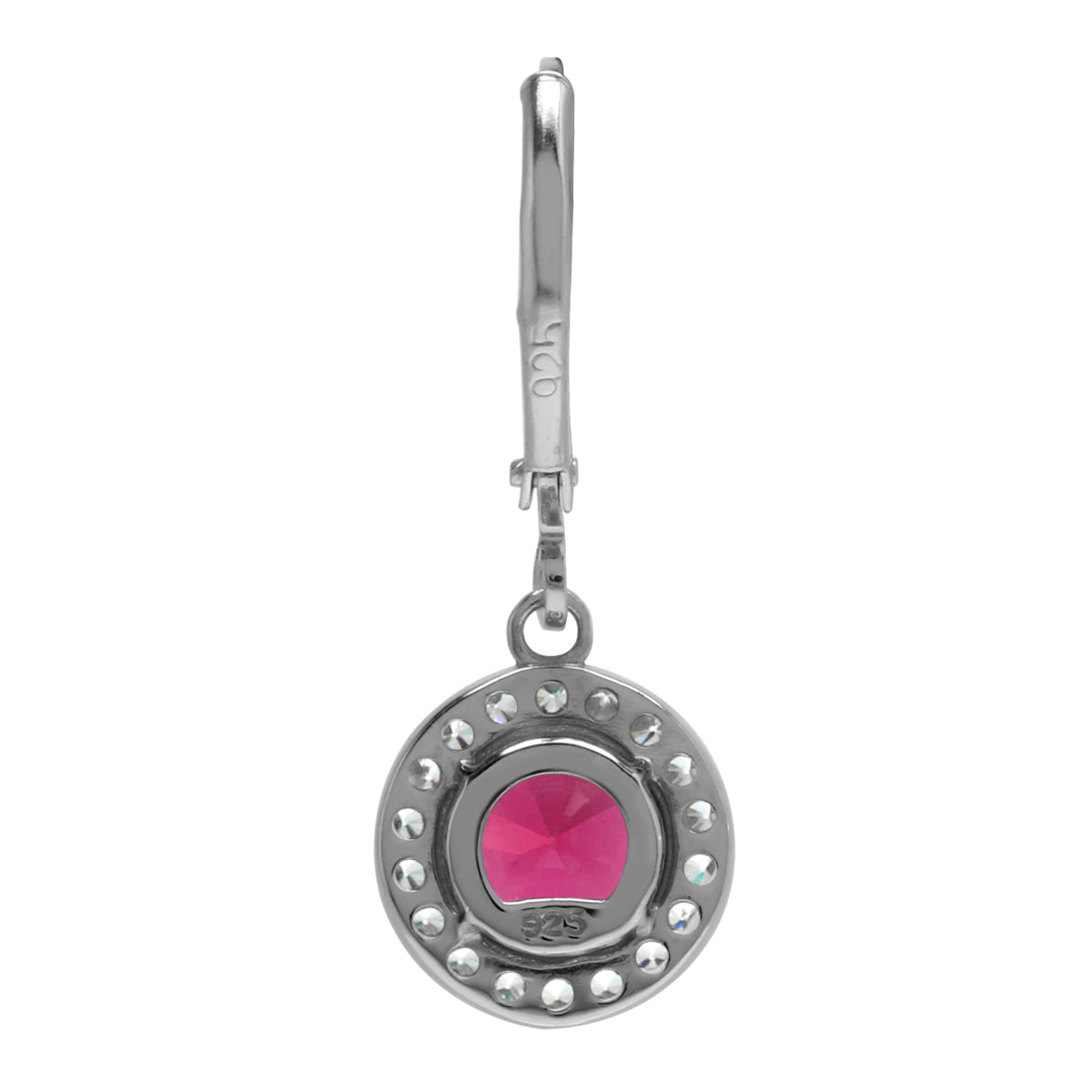 7mm Round Shape Simulated Red Ruby and White Cubic Zirconia 925 Sterling Silver Halo Leverback Earrings - Silvershake-store