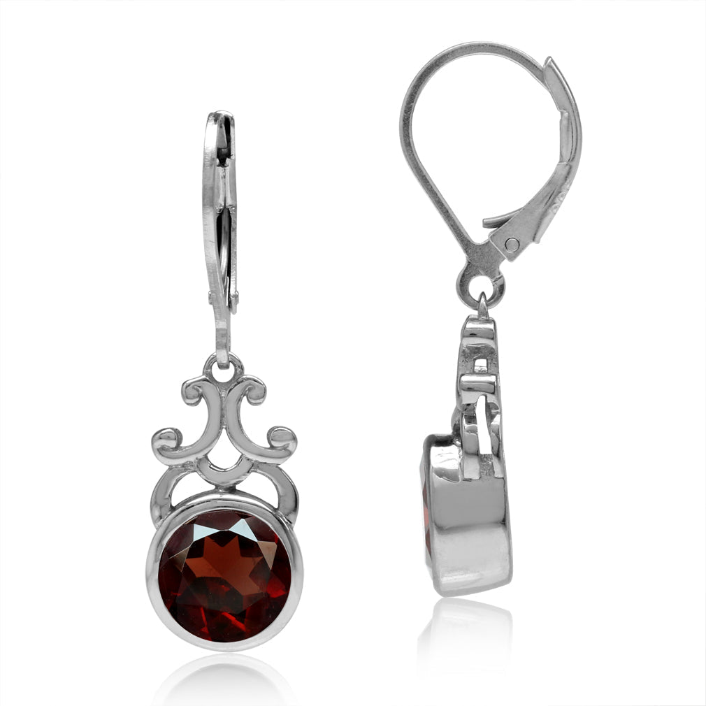 4.28ct. 8mm Natural Round Shape Garnet 925 Sterling Silver Filigree Swirl Leverback Dangle Earrings - Silvershake-store
