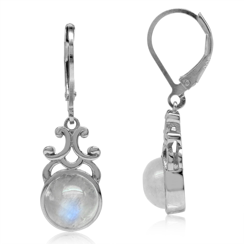 8mm Natural Round Shape Moonstone 925 Sterling Silver Filigree Swirl Leverback Dangle Earrings - Silvershake-store