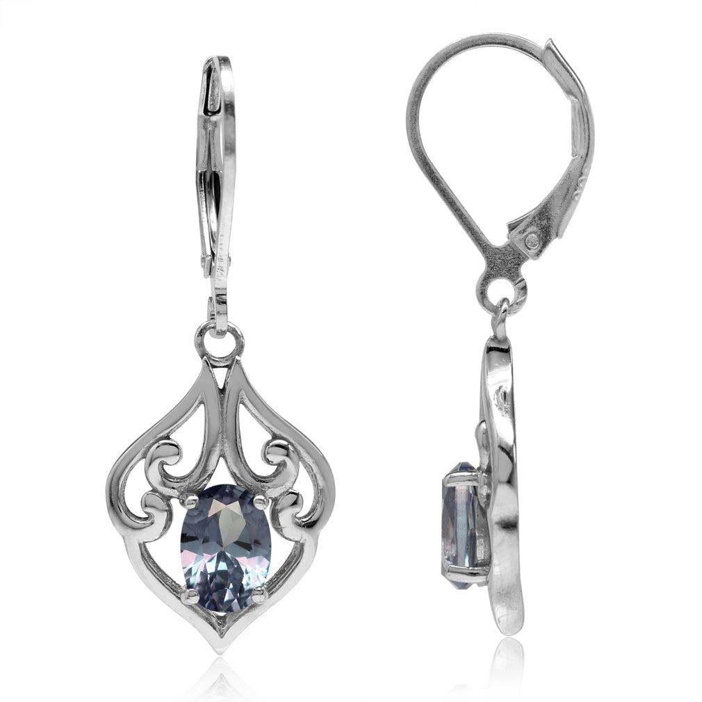 Simulated Color Change Alexandrite 925 Sterling Silver Victorian Style Leverback Dangle Earrings - Silvershake-store