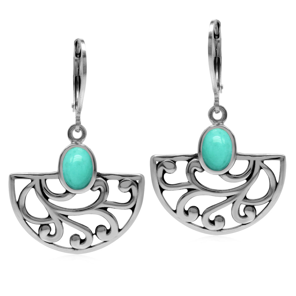 Created Green Turquoise 925 Sterling Silver Filigree Swirl and Spiral Semi Circle Leverback Earrings - Silvershake-store