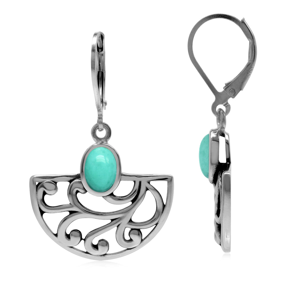 Created Green Turquoise 925 Sterling Silver Filigree Swirl and Spiral Semi Circle Leverback Earrings - Silvershake-store
