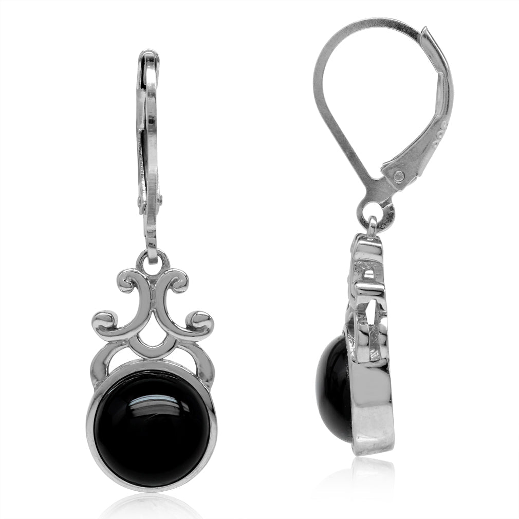 Created Black Onyx White Gold Plated 925 Sterling Silver Filigree Swirl Leverback Dangle Earrings - Silvershake-store