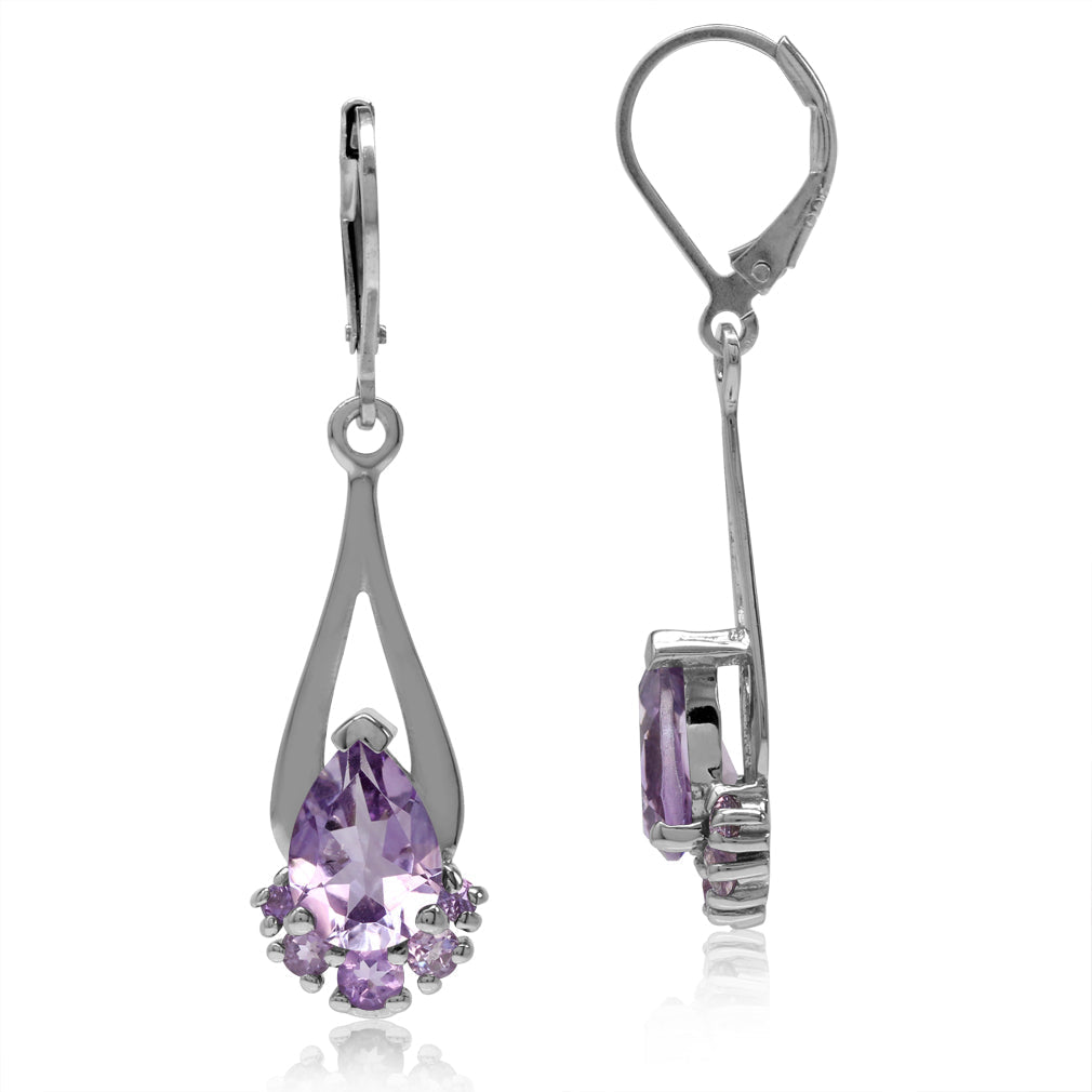 3.74ct. Natural Pear Shape Amethyst White Gold Plated 925 Sterling Silver Drop Dangle Leverback Earrings - Silvershake-store
