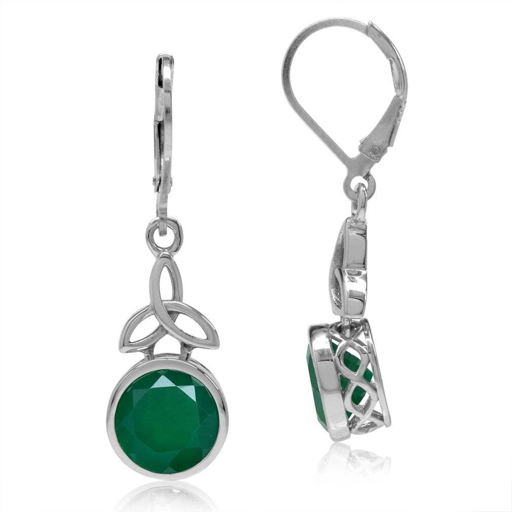 4.88ct. 9mm Natural Emerald Green Agate 925 Sterling Silver Triquetra Celtic Knot Leverback Earrings - Silvershake-store