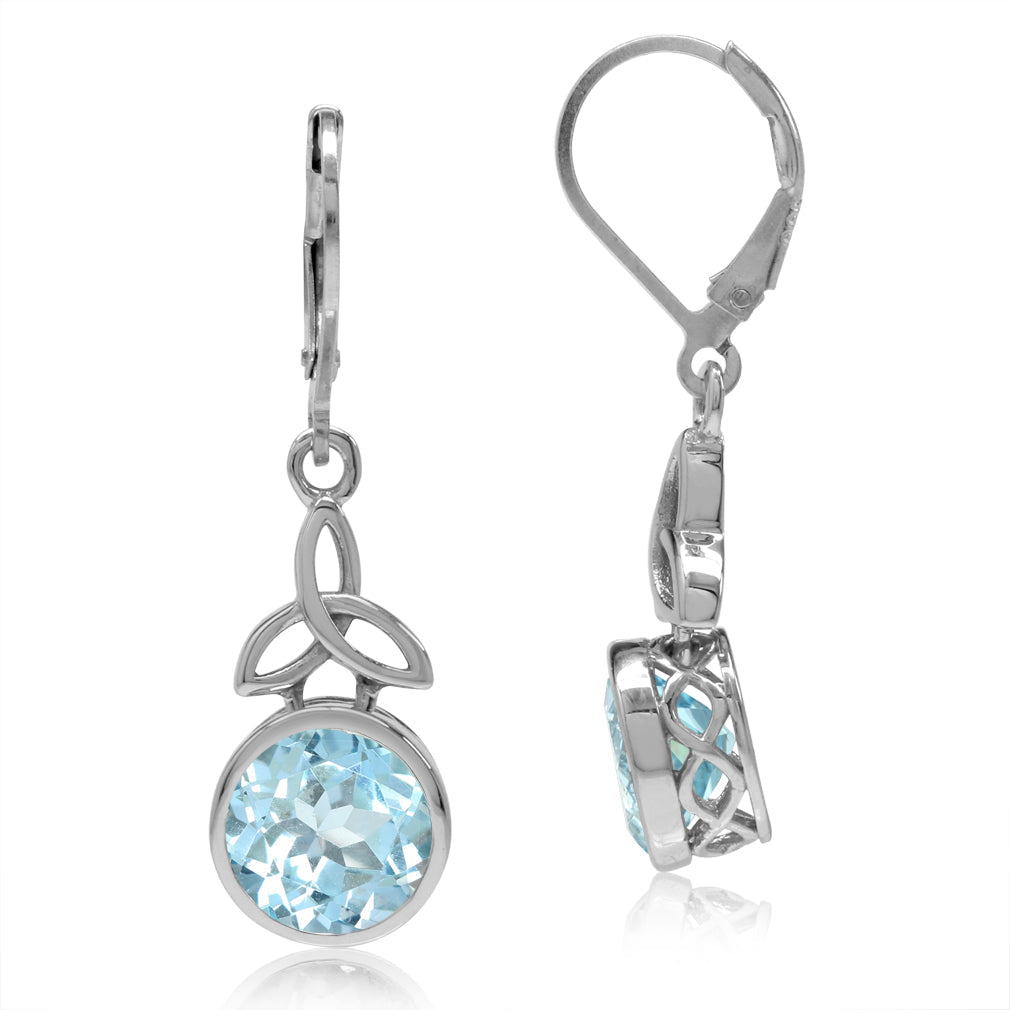 6.42ct. 9mm Genuine Blue Topaz 925 Sterling Silver Triquetra Celtic Knot Leverback Dangle Earrings - Silvershake-store