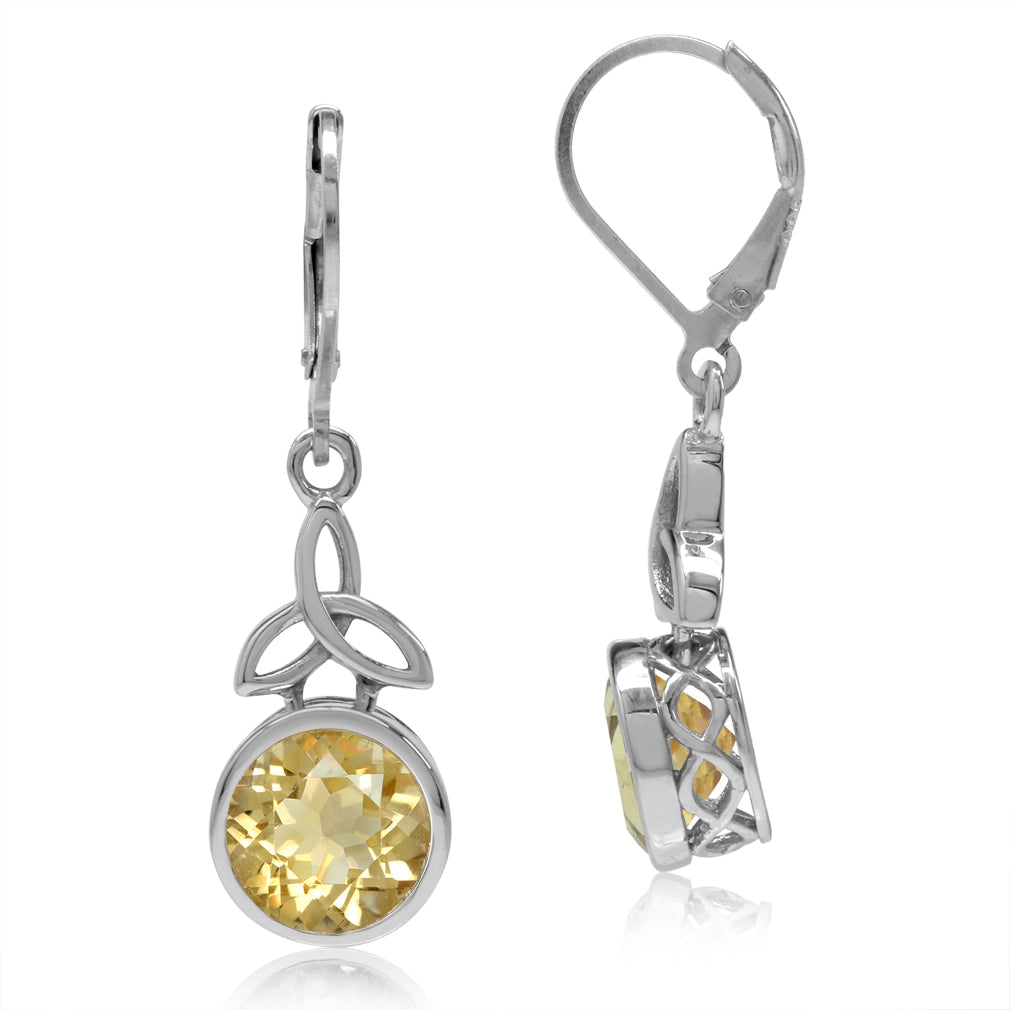 4.86ct. 9mm Natural Round Shape Citrine 925 Sterling Silver Triquetra Celtic Knot Leverback Earrings - Silvershake-store
