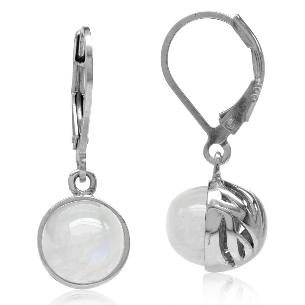 8mm Natural Round Shape Moonstone White Gold Plated 925 Sterling Silver Leverback Dangle Earrings - Silvershake-store