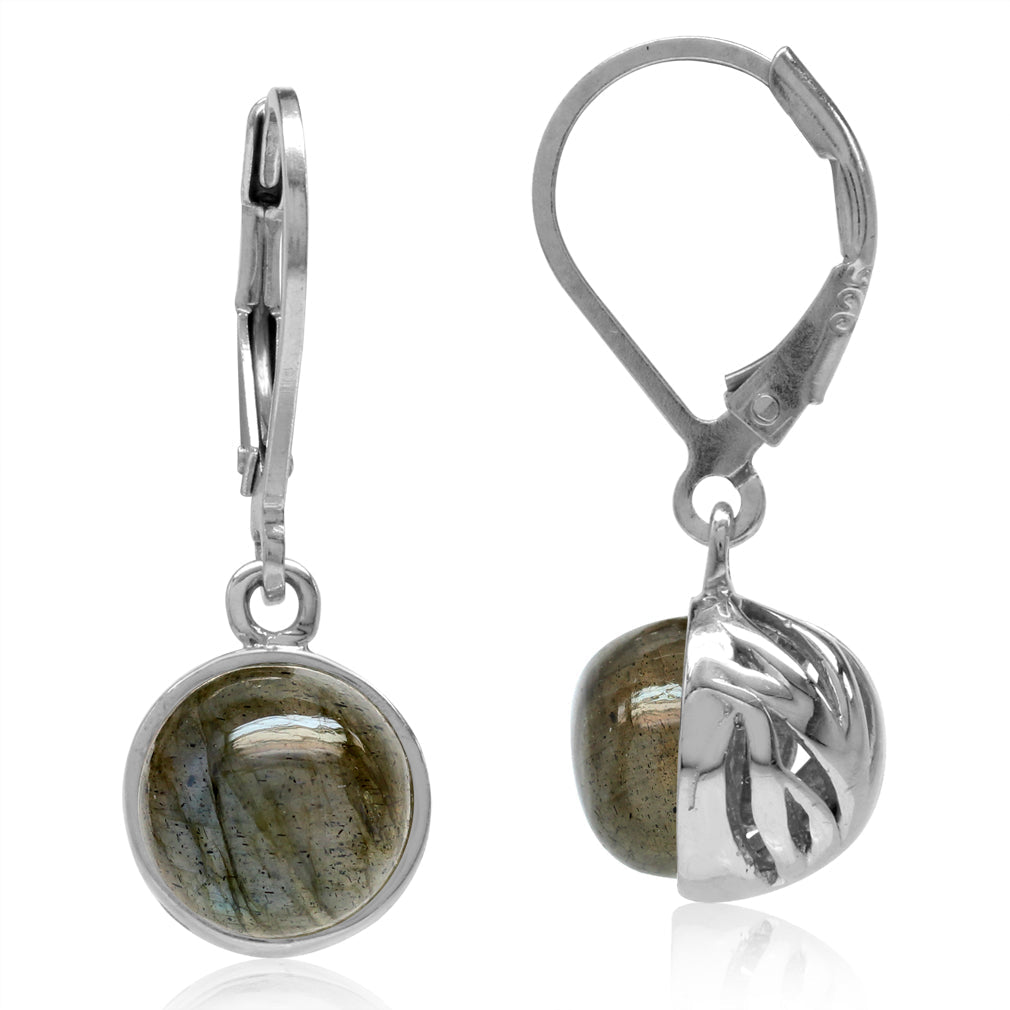 8mm Round Shape Labradorite White Gold Plated 925 Sterling Silver Leverback Dangle Earrings - Silvershake-store