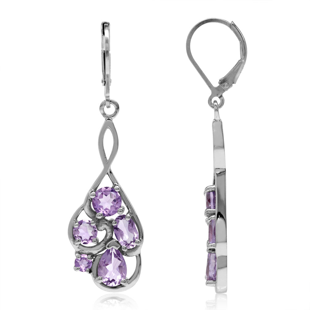 3.7ct. Natural Amethyst White Gold Plated 925 Sterling Silver Cluster Leverback Dangle Earrings - Silvershake-store