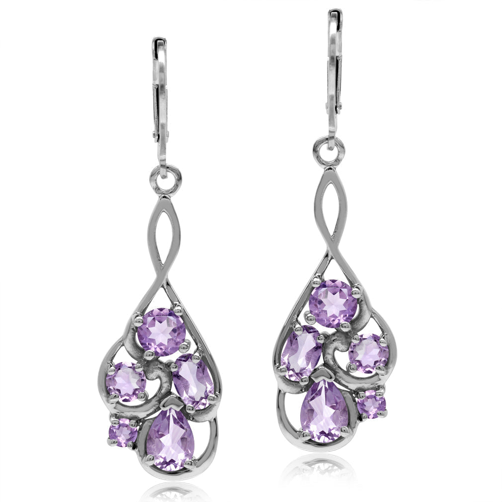 3.7ct. Natural Amethyst White Gold Plated 925 Sterling Silver Cluster Leverback Dangle Earrings - Silvershake-store