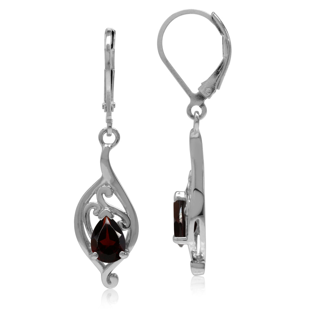 1.64ct. Natural Garnet White Gold Plated 925 Sterling Silver Filigree Swirl Leverback Dangle Earrings - Silvershake-store