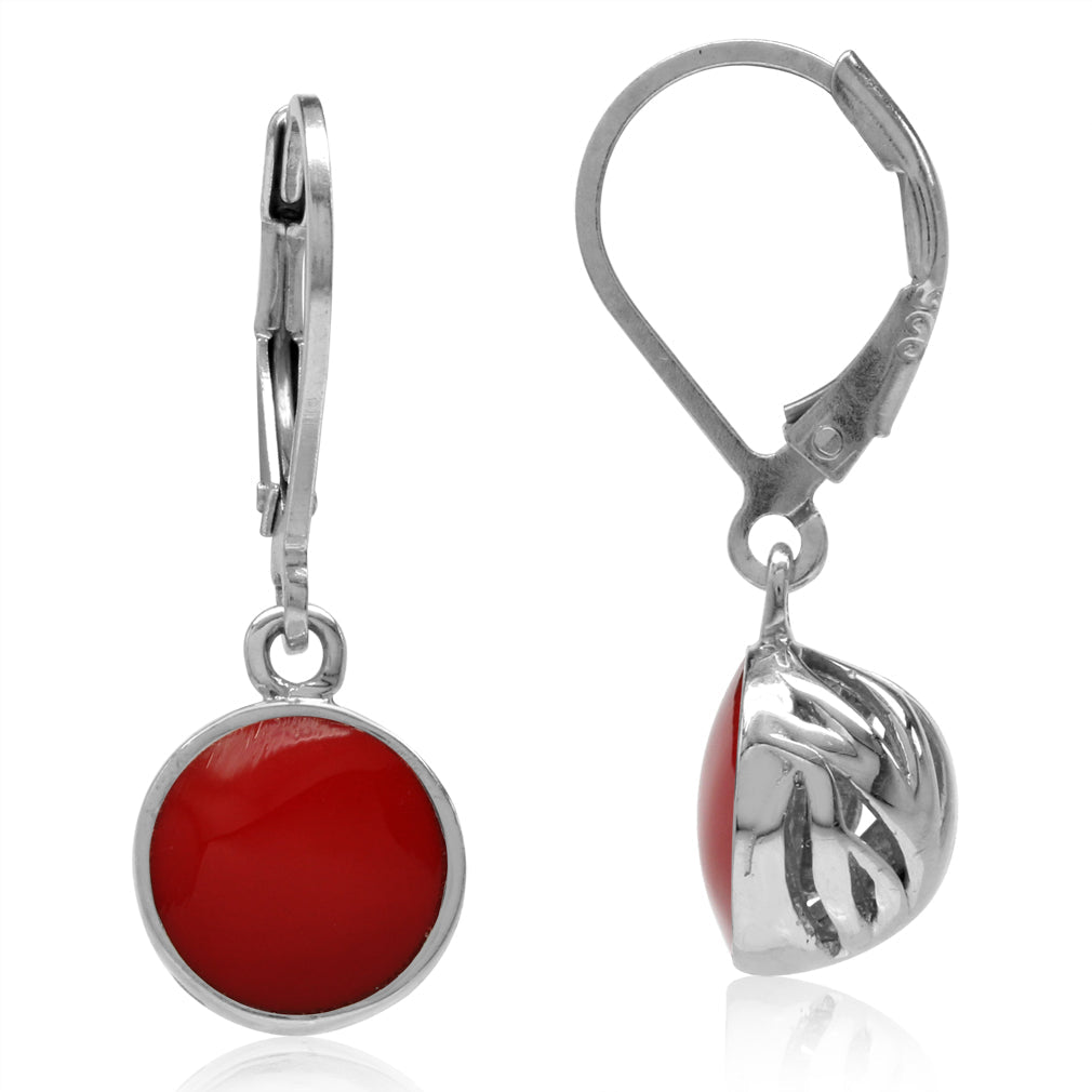 8mm Created Red Coral White Gold Plated 925 Sterling Silver Leverback Dangle Earrings - Silvershake-store