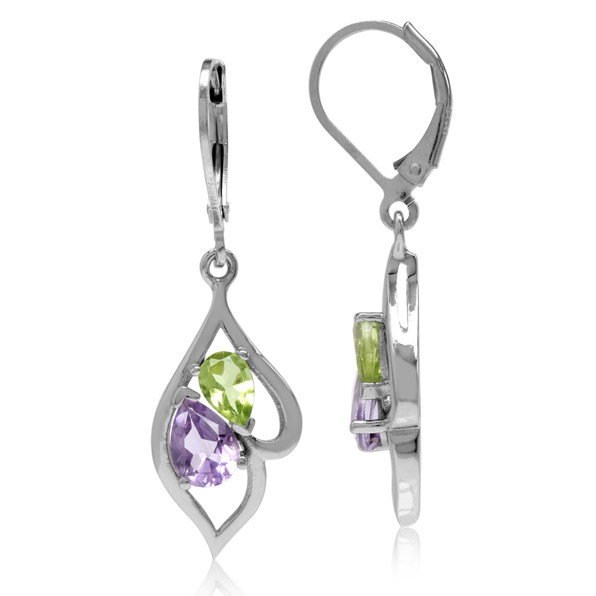 Genuine Pear Shape Amethyst and Peridot White Gold Plated 925 Sterling Silver Leverback Dangle Earrings - Silvershake-store