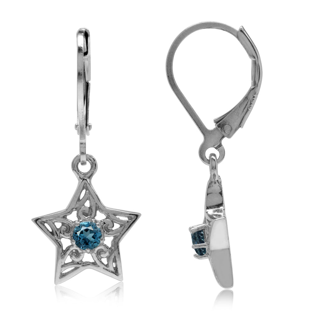 Genuine London Blue Topaz White Gold Plated 925 Sterling Silver Filigree Star Leverback Earrings - Silvershake-store