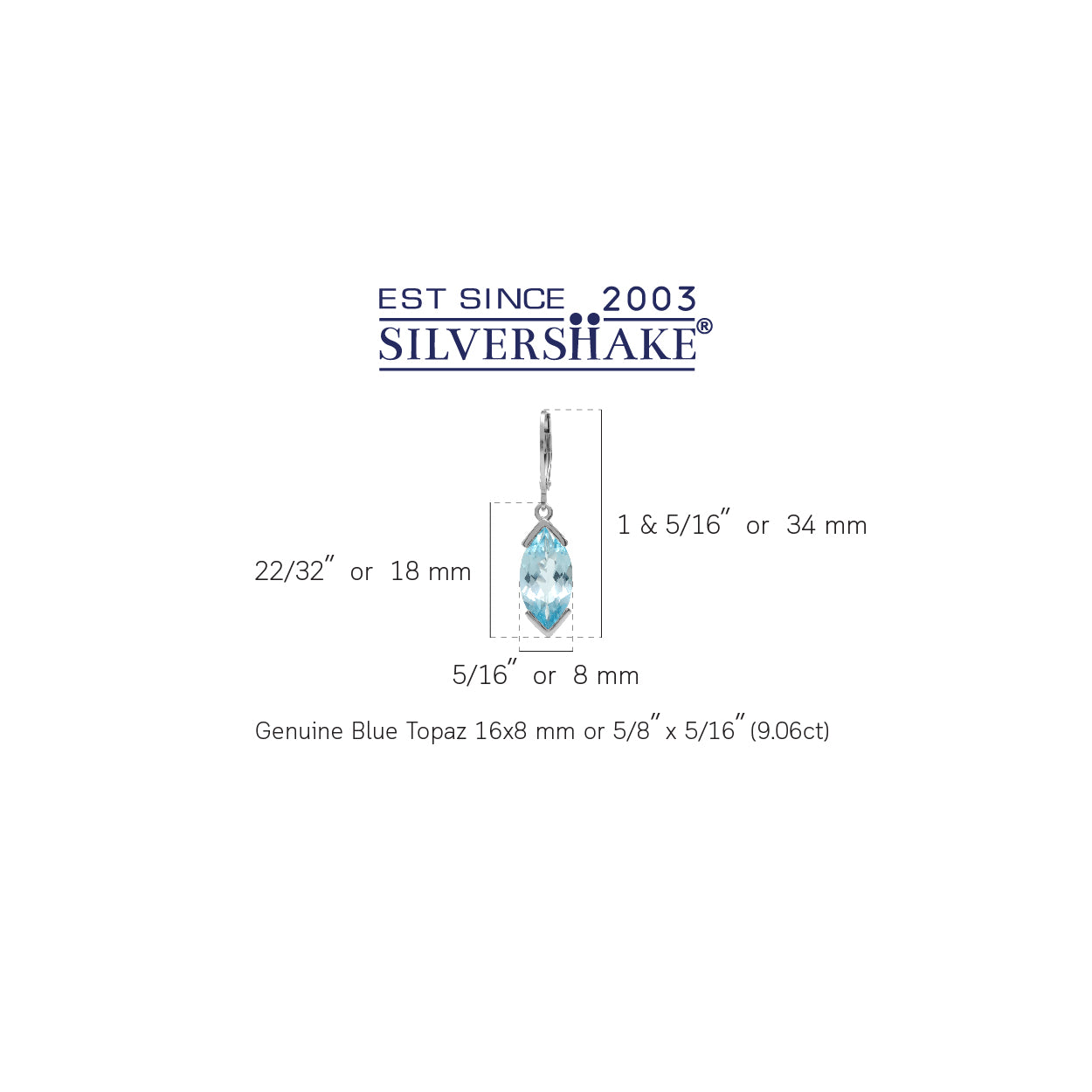 9.06ct. 16x8mm Genuine Marquise Shape Blue Topaz 925 Sterling Silver Leverback Dangle Earrings - Silvershake-store