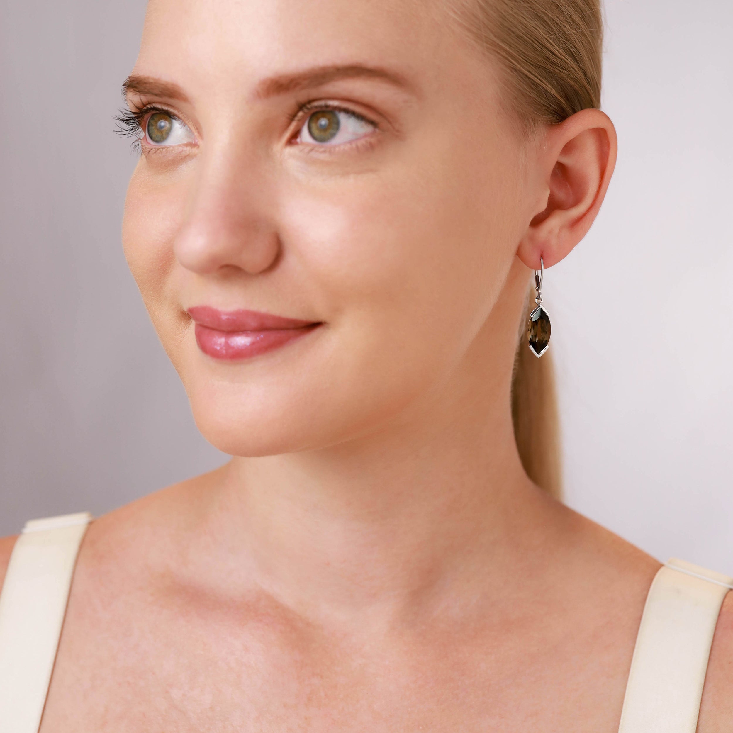 6.98ct. 16x8mm Natural Marquise Smoky Quartz White Gold Plated 925 Sterling Silver Leverback Earrings - Silvershake-store