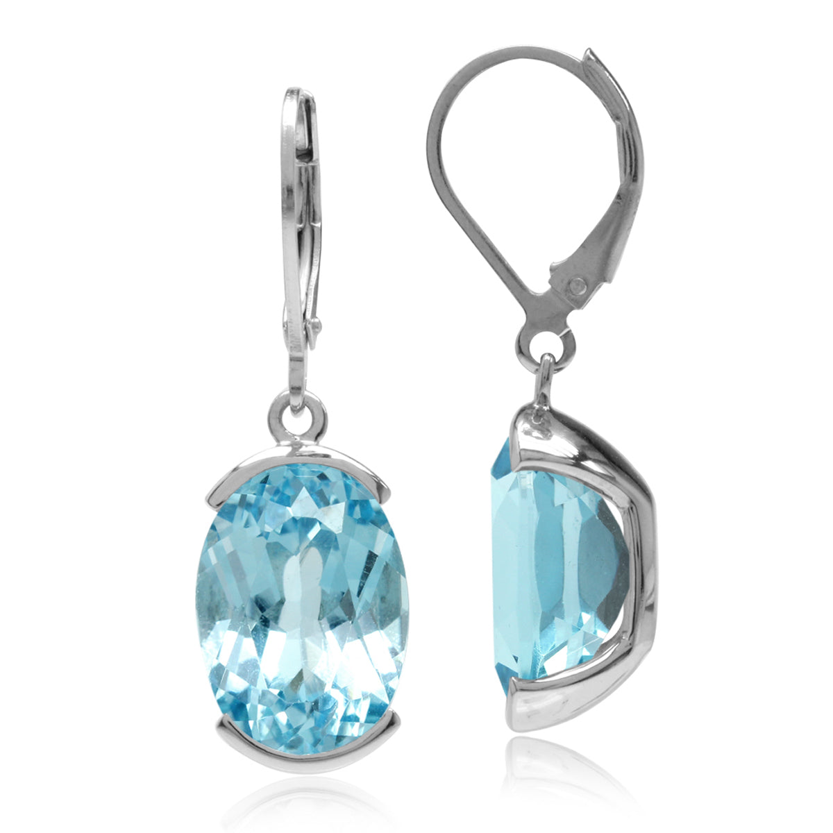 15.96ct. 14x10mm Genuine Oval Shape Blue Topaz 925 Sterling Silver Leverback Dangle Earrings - Silvershake-store