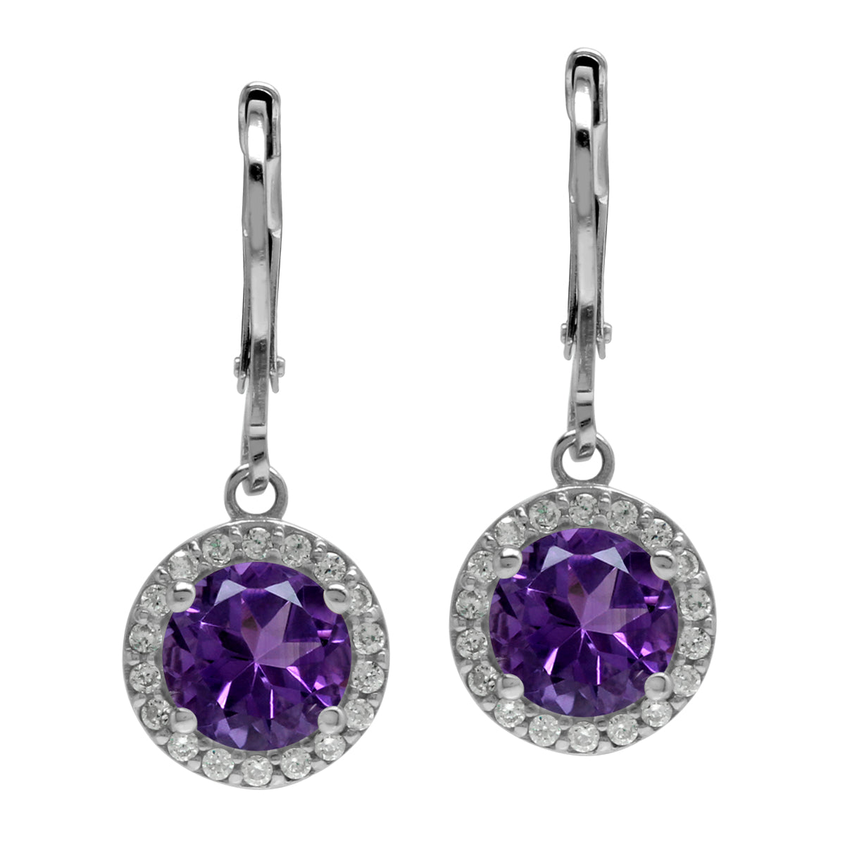 2.44ct. 7mm Natural Round Shape African Amethyst 925 Sterling Silver Halo Leverback Dangle Earring - Silvershake-store