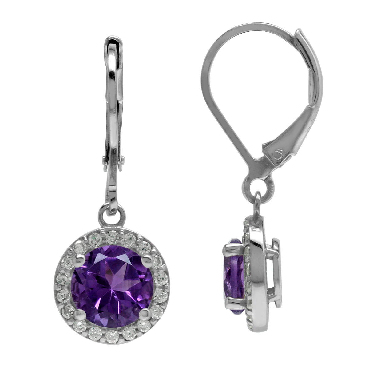 2.44ct. 7mm Natural Round Shape African Amethyst 925 Sterling Silver Halo Leverback Dangle Earring - Silvershake-store