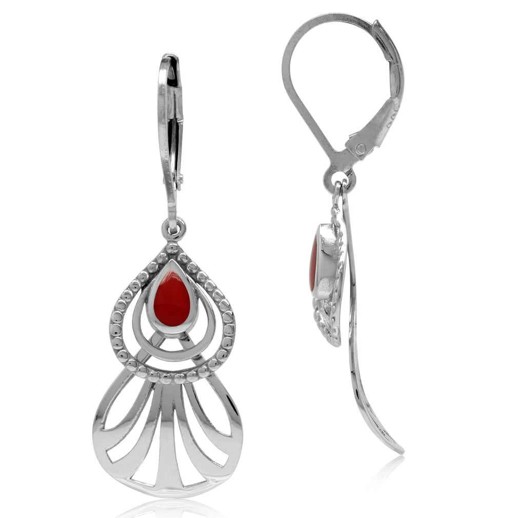 Created Red Coral White Gold Plated 925 Sterling Silver Drop Dangle Leverback Earrings - Silvershake-store
