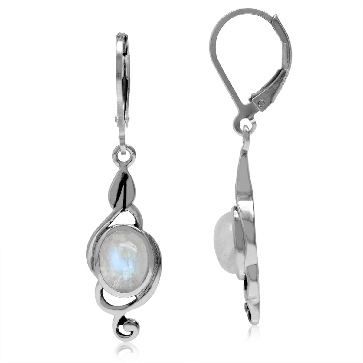 Natural Oval Shape Moonstone 925 Sterling Silver Swirl Drop Dangle Leverback Earrings - Silvershake-store