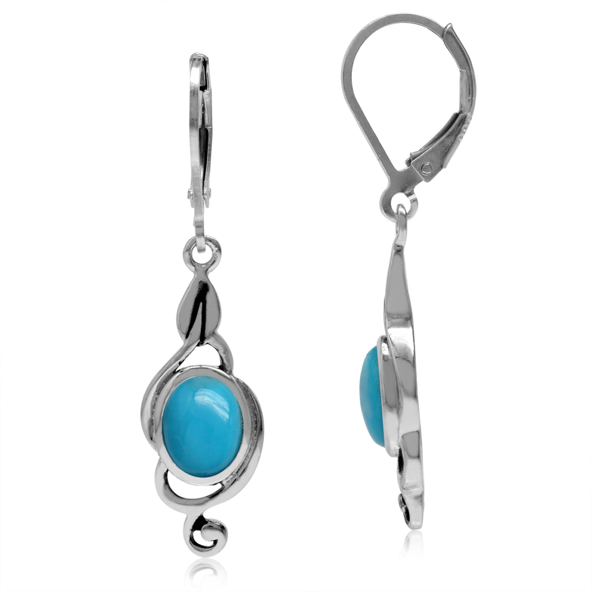 Genuine Oval Shape Arizona American Turquoise 925 Sterling Silver Swirl Drop Dangle Leverback Earrings Jewelry for Women - Silvershake-store