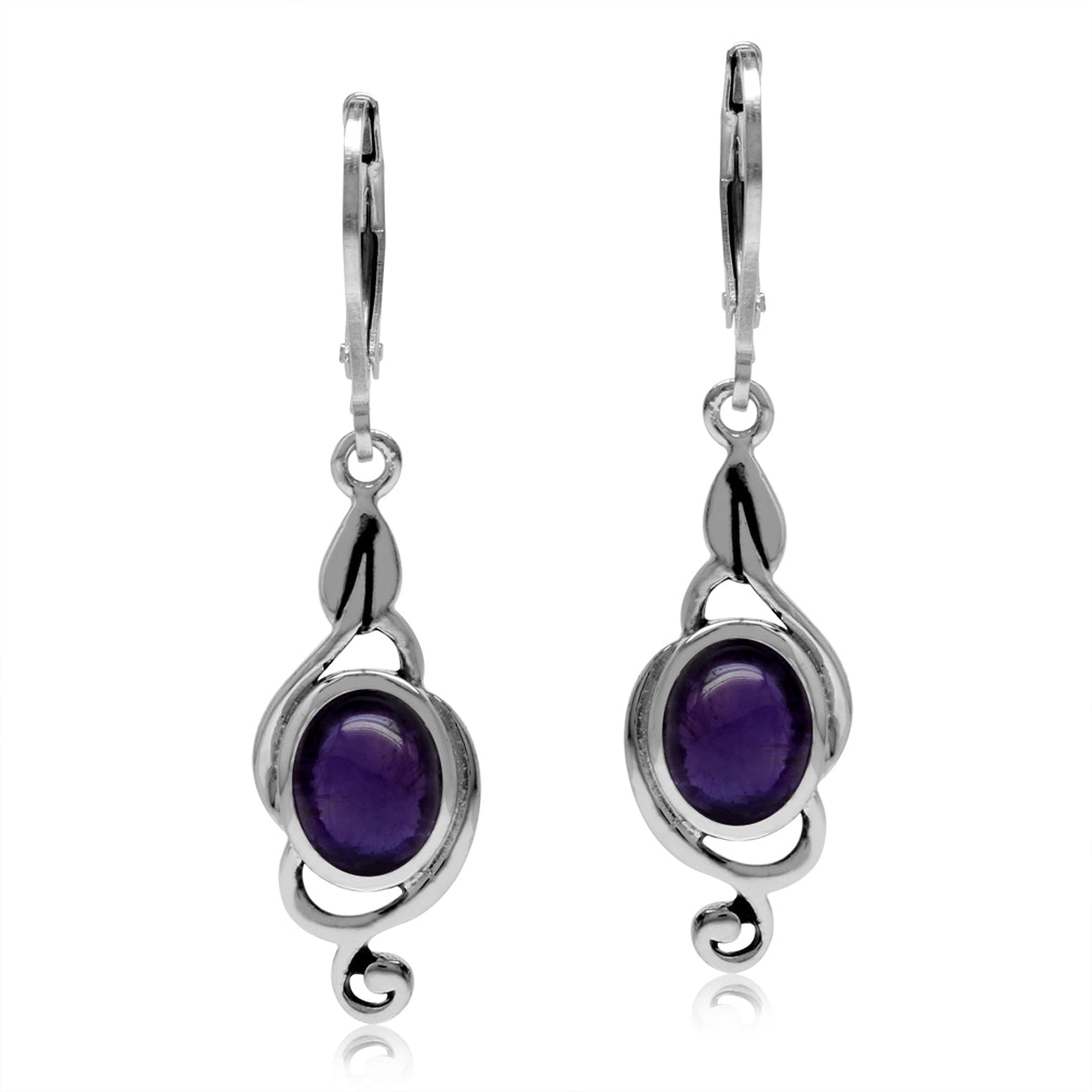 Cabochon Oval Shape Amethyst 925 Sterling Silver Swirl Drop Dangle Leverback Earrings - Silvershake-store