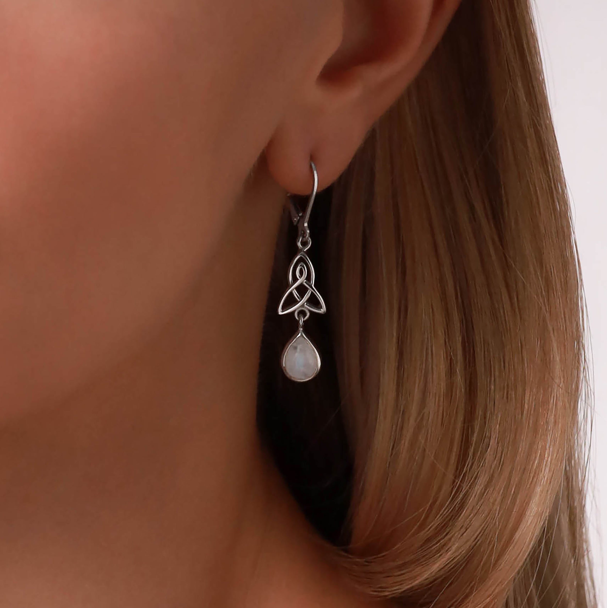 Natural Moonstone 925 Sterling Silver Triquetra Celtic Knot Drop Dangle Leverback Earrings - Silvershake-store