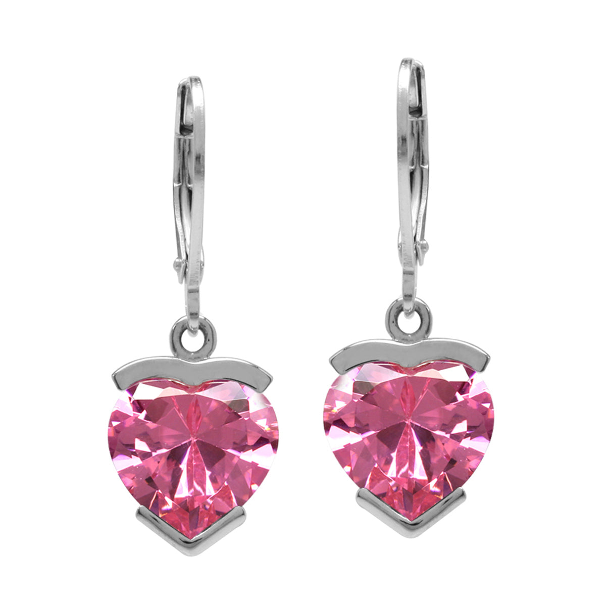 10mm Heart Shape Pink Cubic Zirconia White Gold Plated 925 Sterling Silver Leverback Dangle Earrings - Silvershake-store