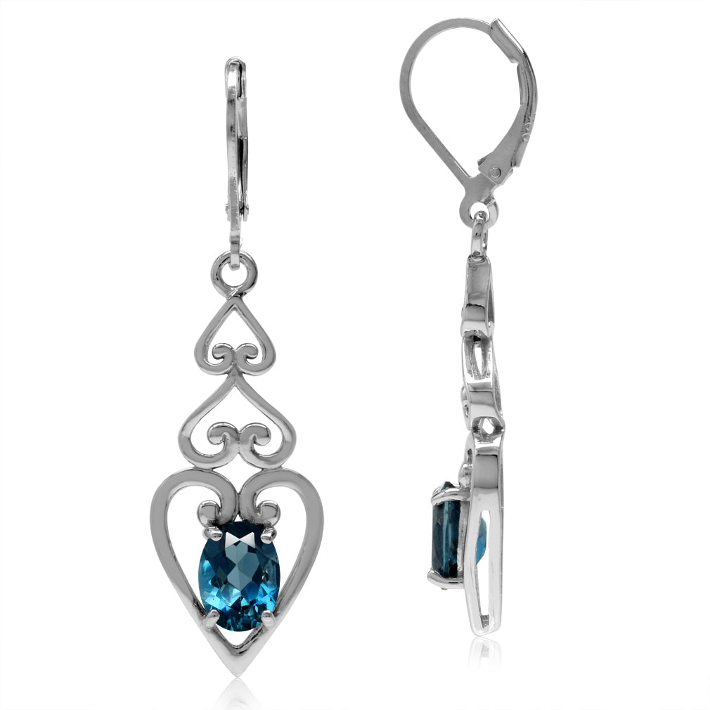 2.92ct. Genuine London Blue Topaz 925 Sterling Silver Triple Heart Victorian Style Leverback Earrings - Silvershake-store