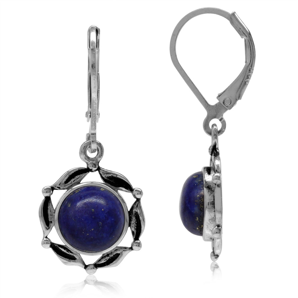 8mm Genuine Lapis 925 Sterling Silver Leaf Eternity Leverback Dangle Earrings - Silvershake-store