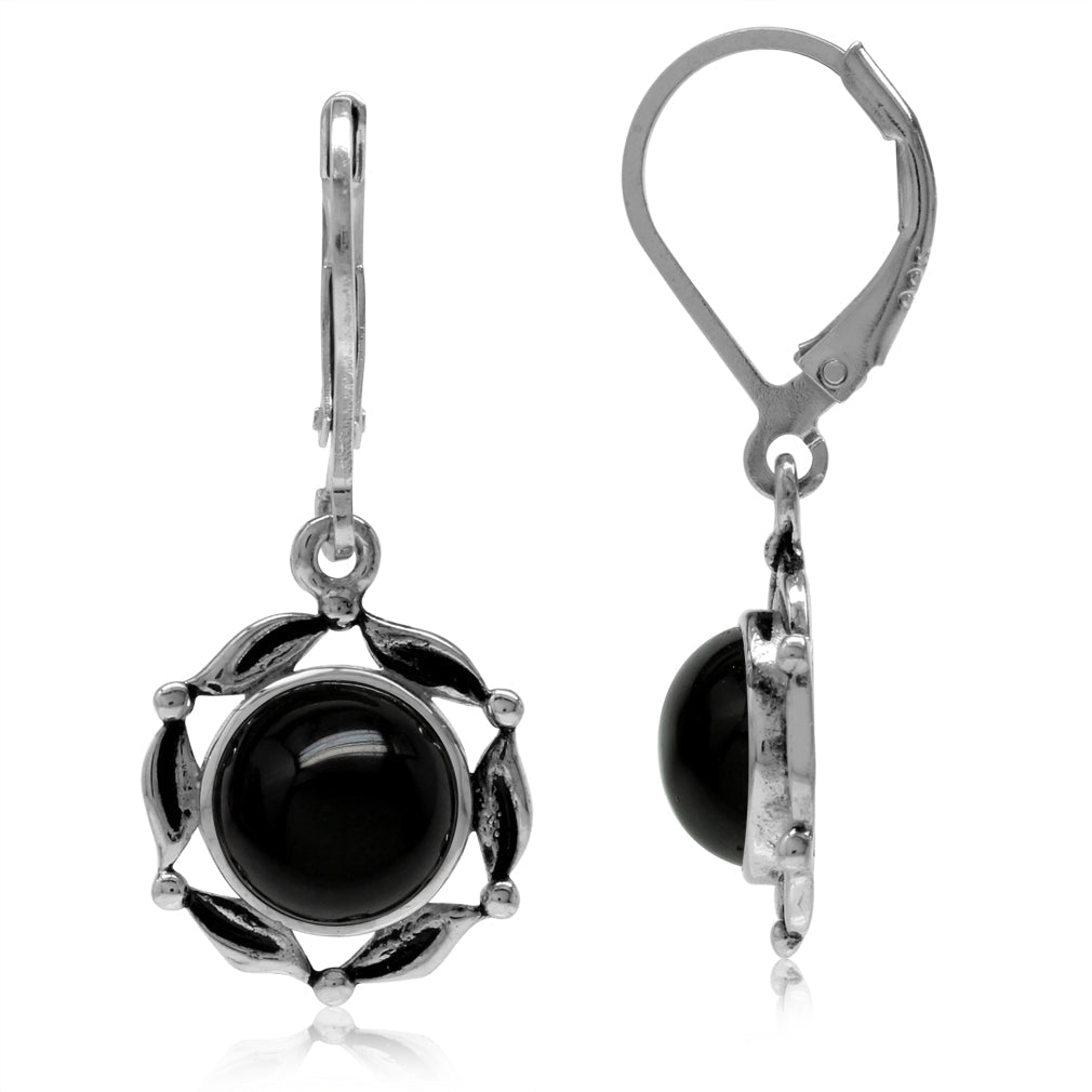 8mm Genuine Black Onyx 925 Sterling Silver Leaf Eternity Leverback Dangle Earrings - Silvershake-store