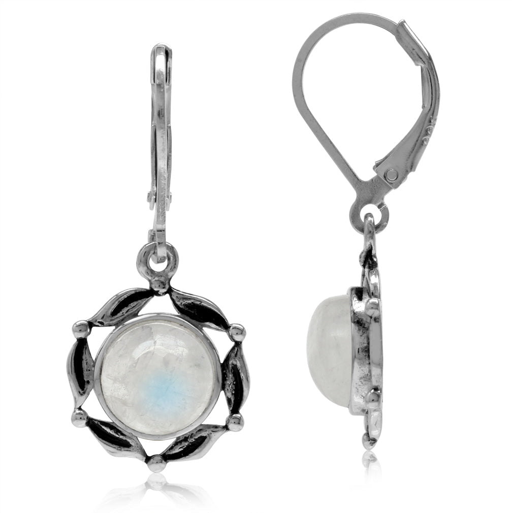 8mm Natural Moonstone 925 Sterling Silver Leaf Eternity Leverback Dangle Earrings - Silvershake-store